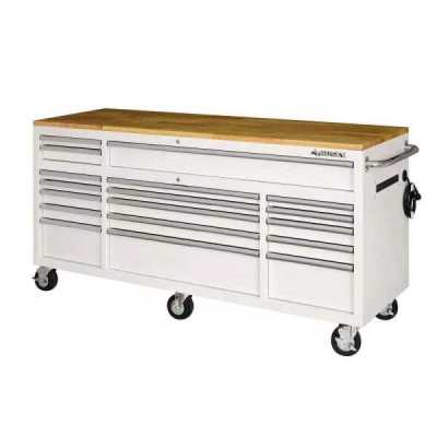 72 in. W x 24 in. D Standard Duty 18-Drawer Mobile Workbench Tool Chest with Solid Wood Top in Gloss White