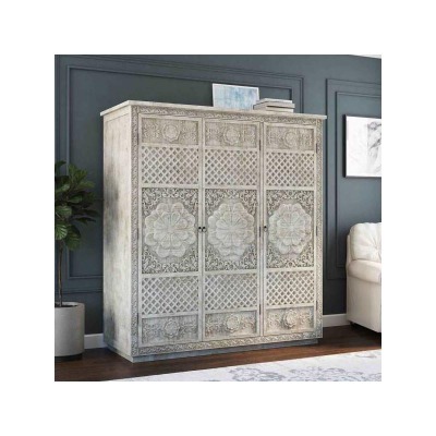 2023 HOT SALE Hand Carved Solid Wood 63" Large White Wardrobe Armoire