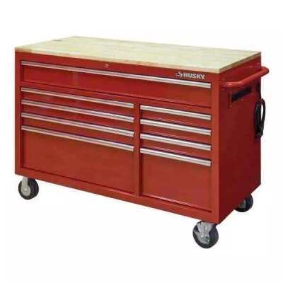 52 IN. W 24 IN. D 9-DRAWER GLOSS RED MOBILE WORKBENCH