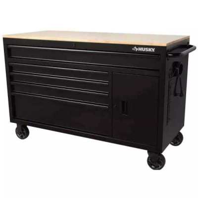 56 IN. W 5-DRAWER 1-DOOR, DEEP TOOL CHEST MOBILE WORKBENCH IN GLOSS GRAY WITH HARDWOOD TOP