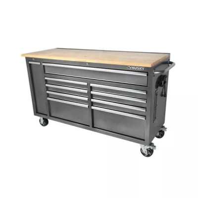 Husky 72 in. x 24 in. D Standard Duty 18-Drawer Mobile Workbench Tool Chest with Solid Wood Top in Stainless Steel