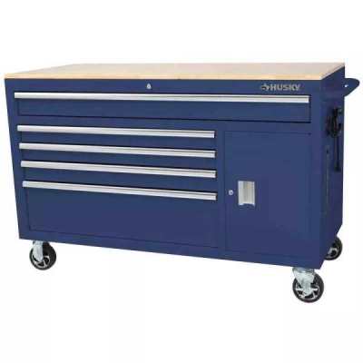 56 IN. W 5-DRAWER 1-DOOR, DEEP TOOL CHEST MOBILE WORKBENCH IN GLOSS BLUE WITH HARDWOOD TOP